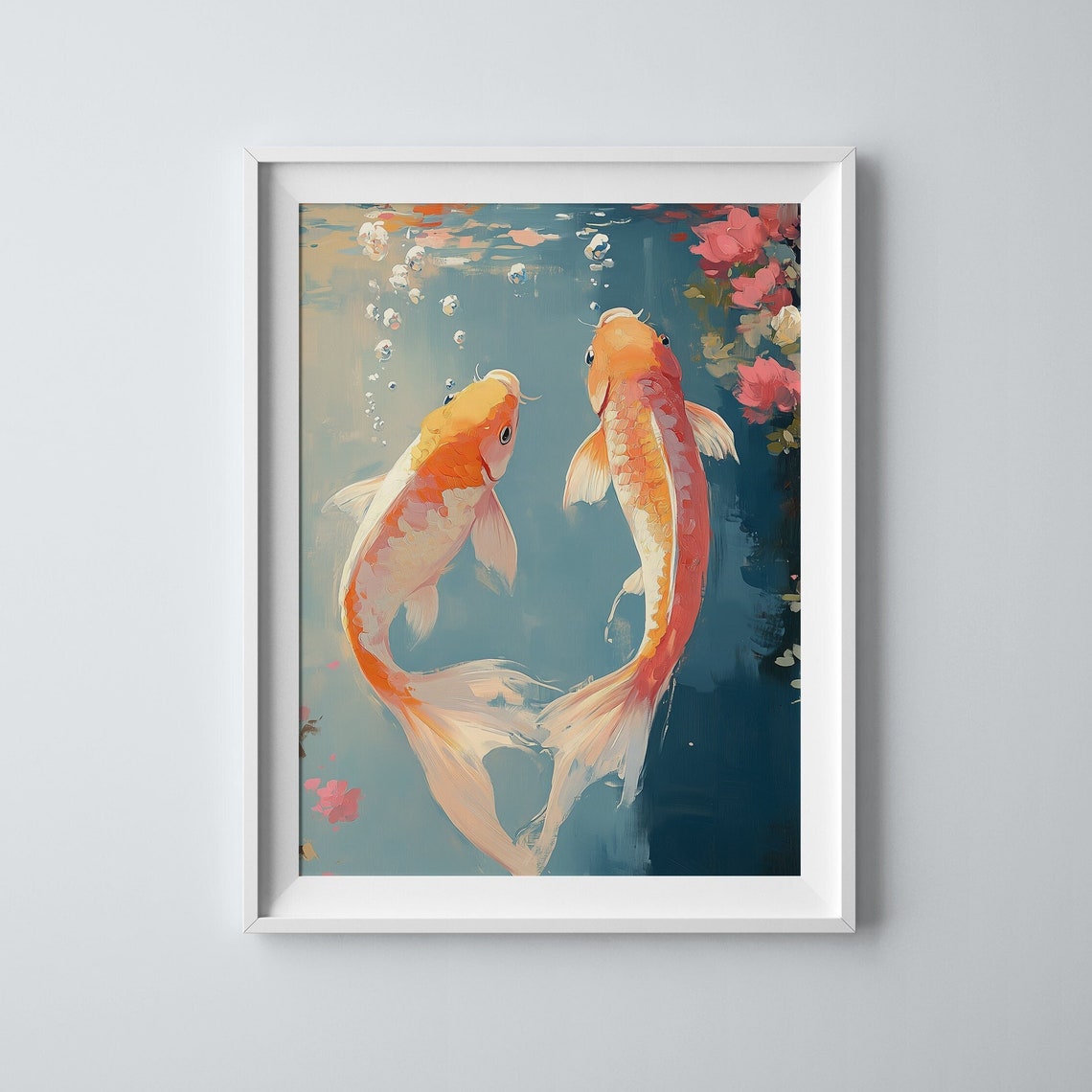 Peaceful Orange Koi Fish Pair Swimming Pastel Teal Pond Print