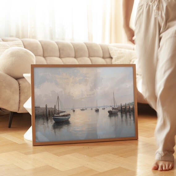 Misty Harbor with Moored Sailboats and Wooden Piers Painting Poster