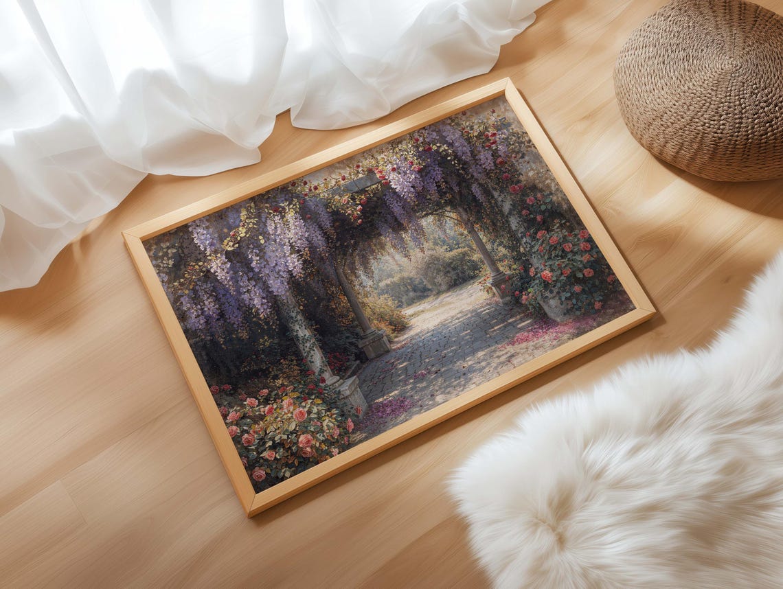 Wisteria Pergola Covered Walkway Roses Vintage Garden Scene Poster