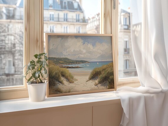 Sandy Shore With Dune Grasses And Blue Bay Vintage Coastal Poster