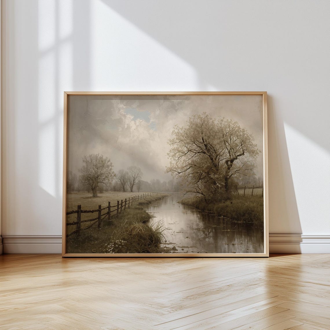 Misty River Fence Line Trees Vintage Pastoral Landscape Art Poster