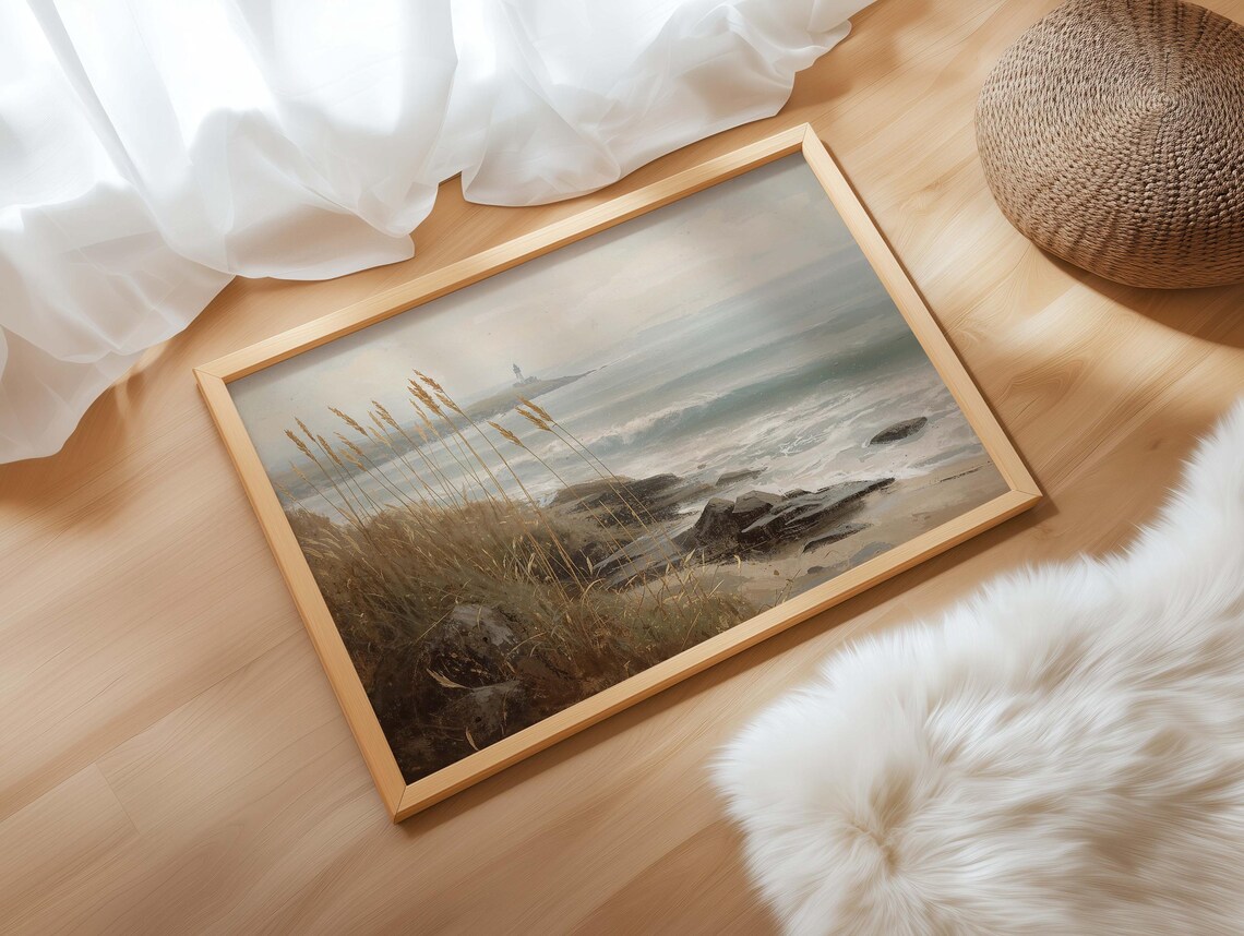 Misty Rocky Shoreline Reeds Foggy Coast Serene Painting Poster