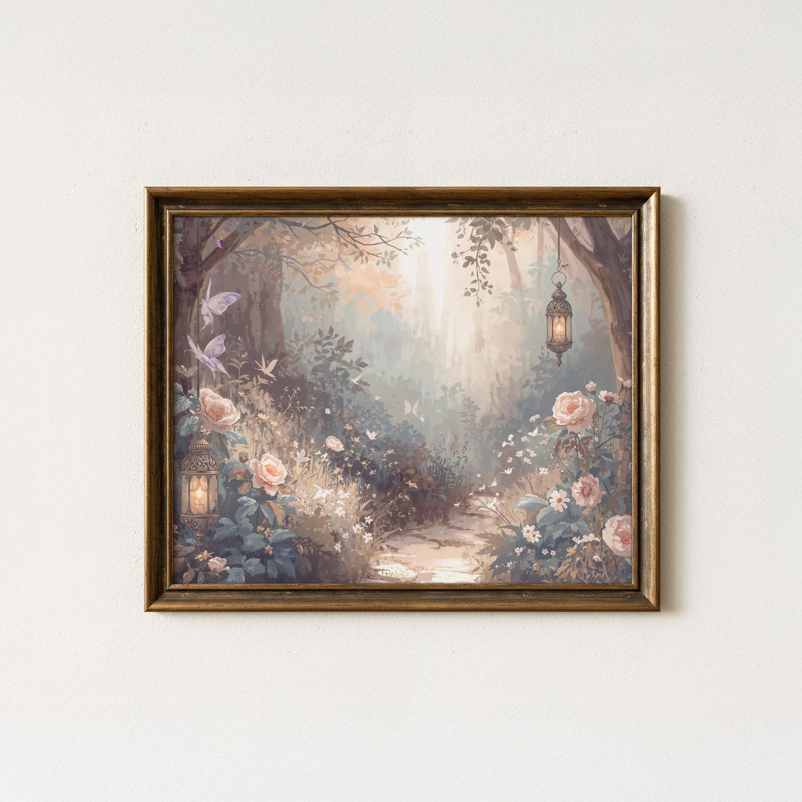 Enchanted Misty Garden Path Roses and Lanterns Fairytale Print
