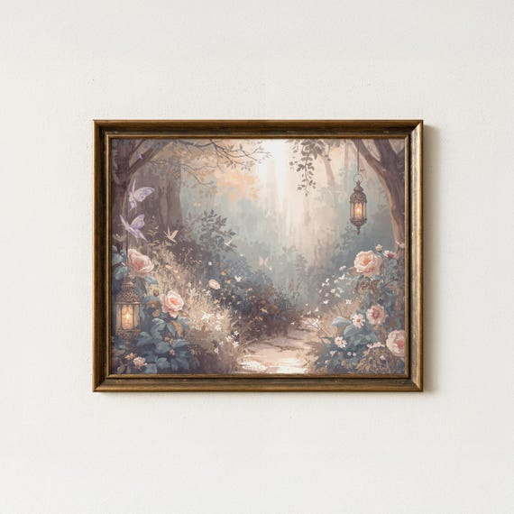 Enchanted Garden Nursery Print Muted Pastel Floral Landscape