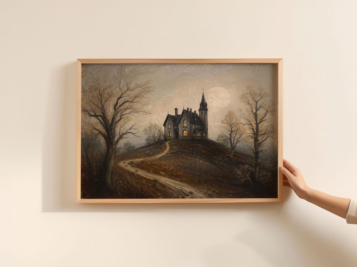 Haunted Manor Painting Vintage Gothic Halloween Art