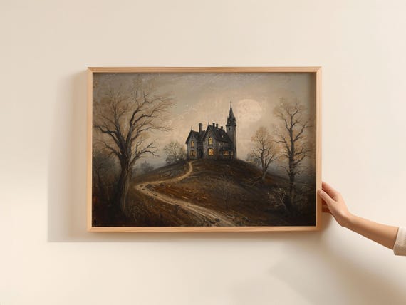 Haunted Manor Painting Vintage Gothic Halloween Art