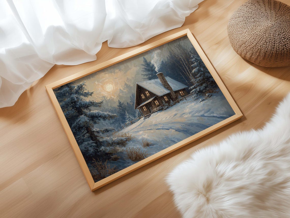 Snowy Cabin Moonlight Winter Forest Cozy Night Landscape Art Print