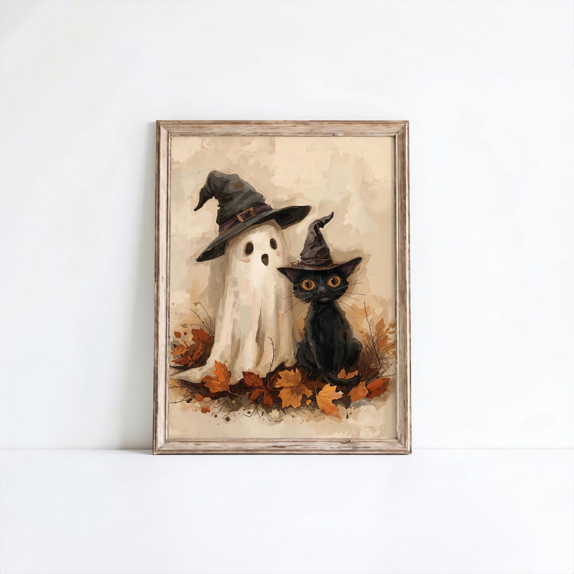 Ghost And Black Cat In Witch Hats Autumn Leaves Halloween Poster