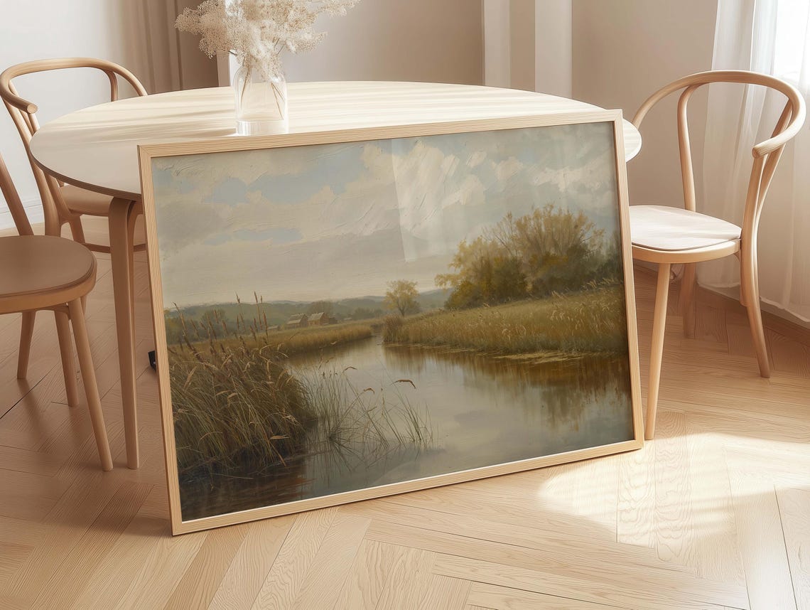 Serene River Landscape Reeds and Trees Vintage Countryside Art Poster