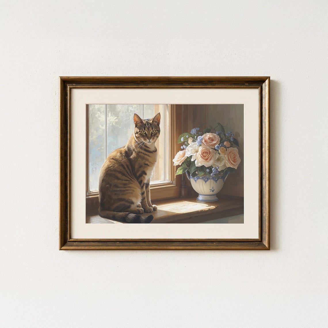 Tabby Cat Windowsill Sunlight Rose Vase Vintage Oil Style Print