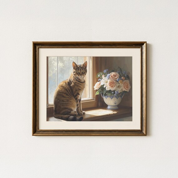Tabby Cat Windowsill Sunlight Rose Vase Vintage Oil Style Print
