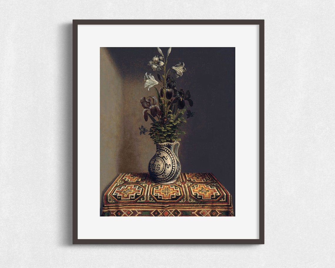 Dark Irises White Lilies Blue White Jug Patterned Cloth Art Poster - Image 2