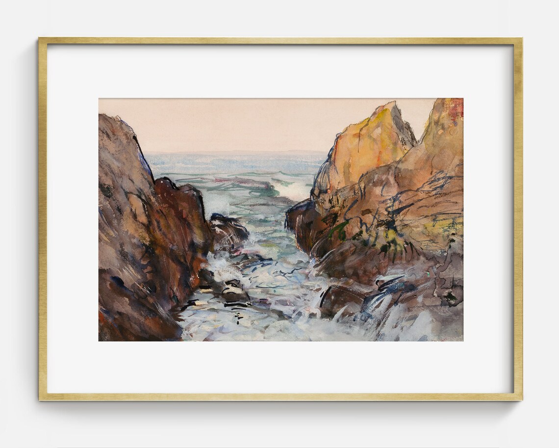 Vintage Rocky Coastline Painting, Antique Coastal Art Print - Image 2
