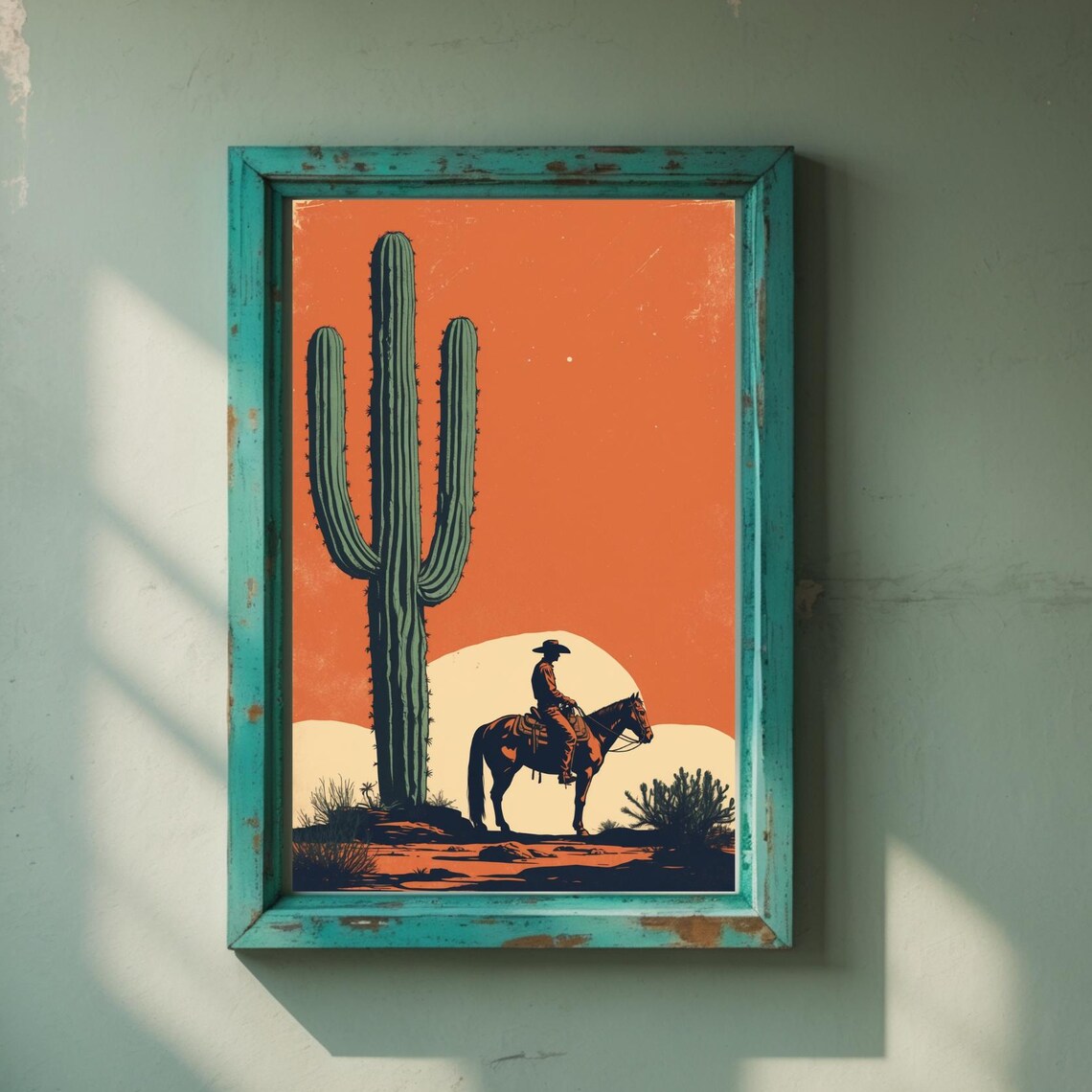 Cowboy Horseback Saguaro Cactus Sunset Western Vintage Art Poster