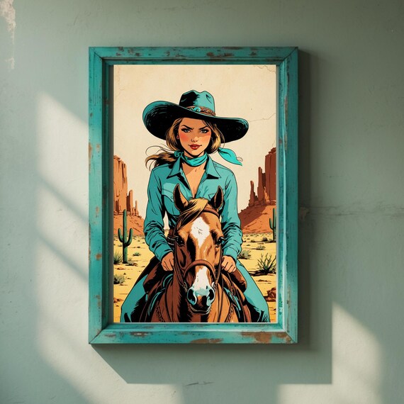 Cowgirl Horseback Teal Outfit Desert Vintage Western Art Poster