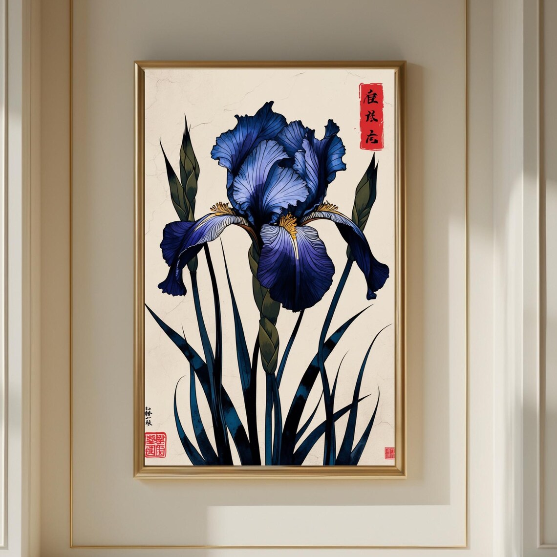 Blue Iris Japanese Woodblock Style Floral Botanical Art Poster