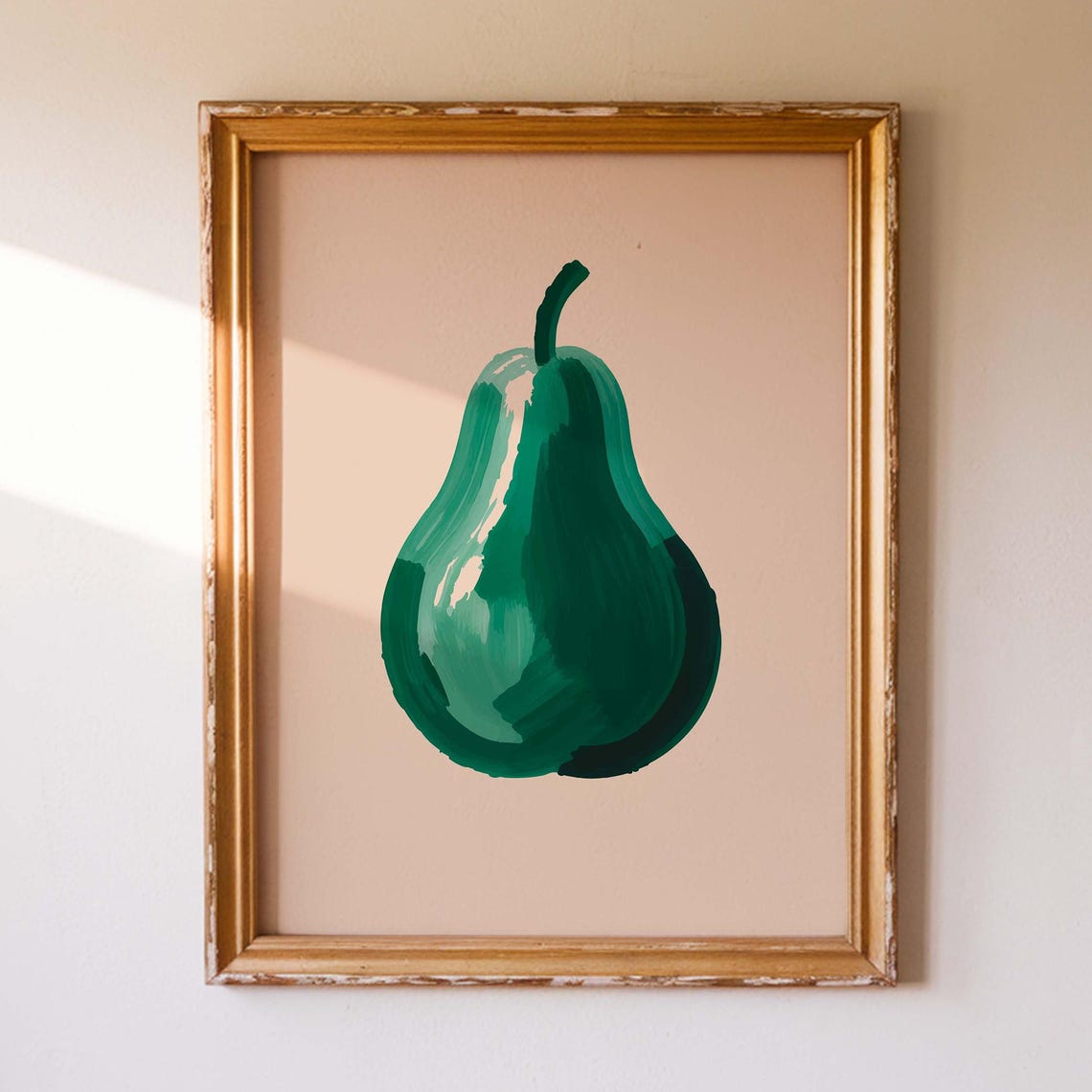 Emerald Green Pear Bold Brushstrokes Minimalist Kitchen Wall Art
