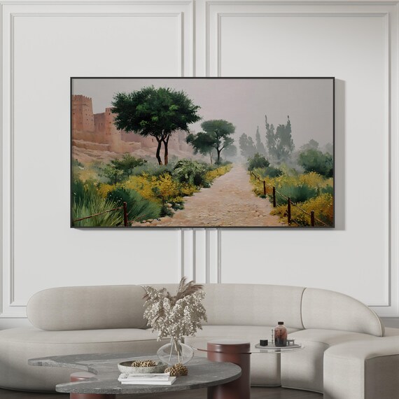 Ancient Citadel Frame Tv Art Vintage Kasbah Landscape Foggy Morning Path Old World Stone Architecture Earthy Boho Decor 4k