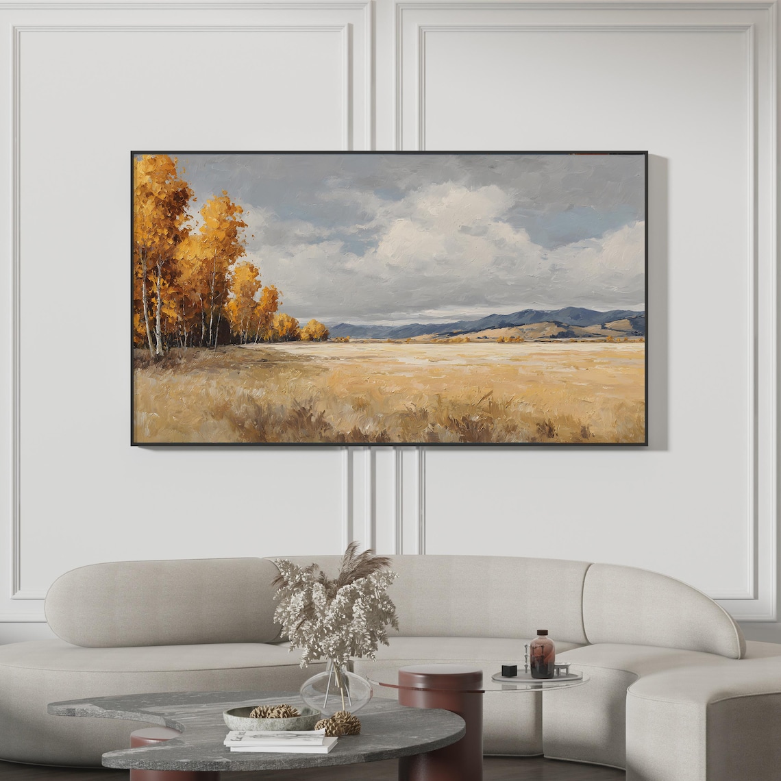 Autumn Aspen Trees Golden Field Vintage Mountain Landscape Poster