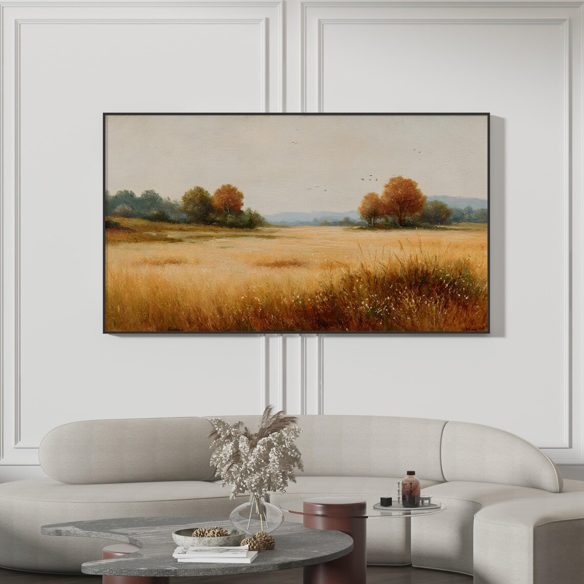 Golden Autumn Meadow Landscape Painting Rustic Farmhouse Print