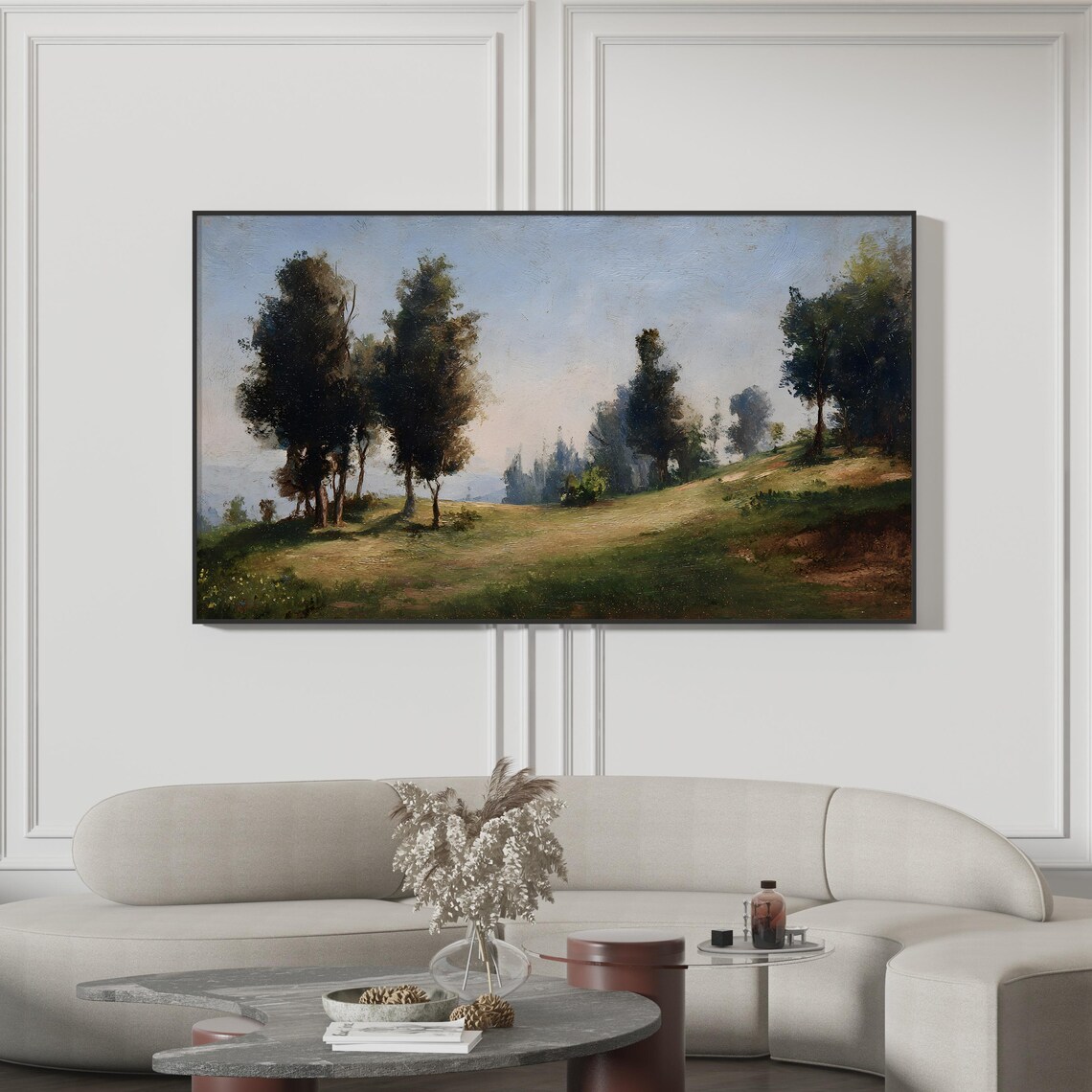 Summer Meadow Landscape Painting Poster Countryside Trees Hills Vintage Art
