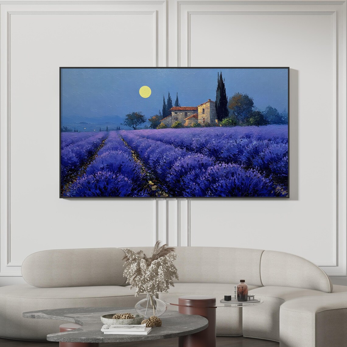 Moonlit Lavender Field French Farmhouse Night Painting Print
