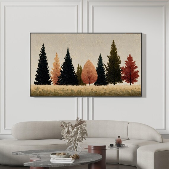 Minimalist Autumn Pine Forest Row Modern Scandinavian Oil Painting Poster
