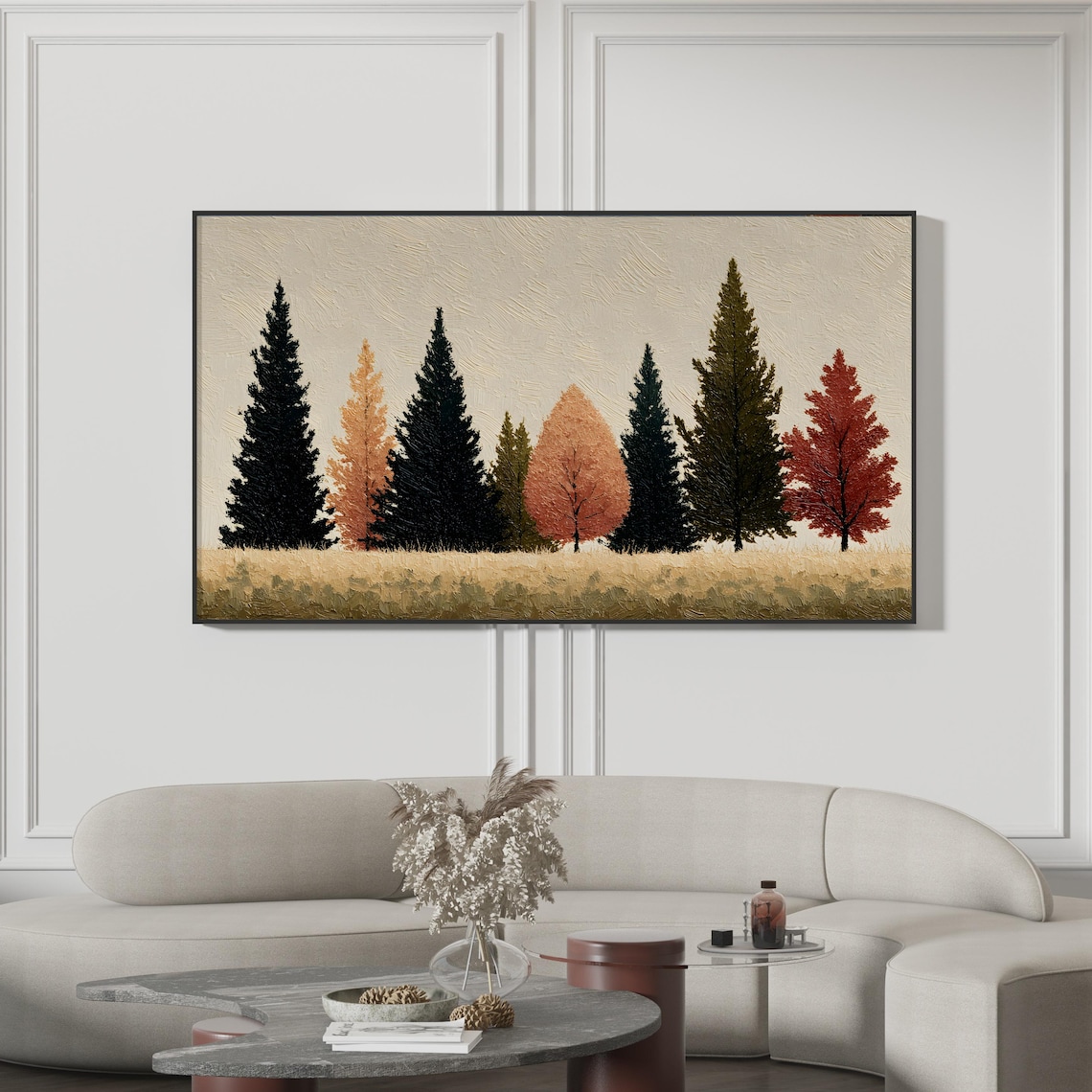 Minimalist Autumn Pine Forest Row Modern Scandinavian Oil Painting Poster