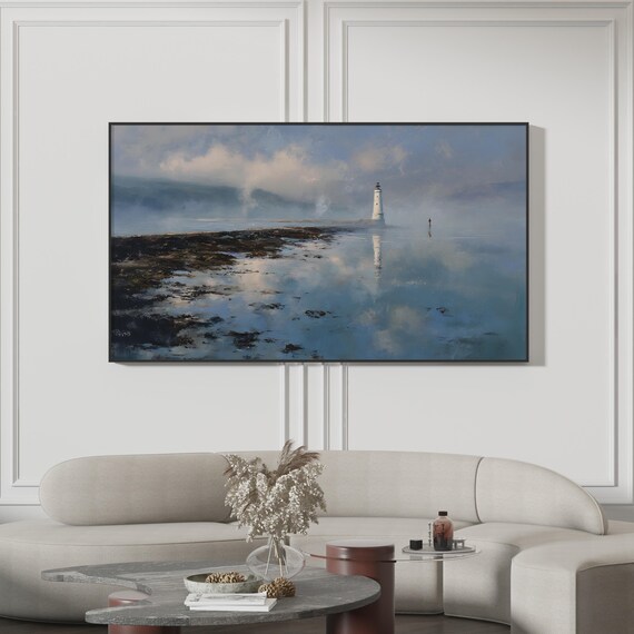 Samsung Frame Tv Art Misty Lighthouse Oil Painting Moody Coastal Seascape Ocean Reflection Fog Serene Blue Beach Decor 4k
