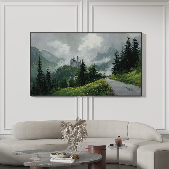 Misty Mountain Forest Vintage Fairytale Castle Oil Painting Neuschwanstein Bavarian Landscape Samsung Frame Tv Art Dreamy Decor 4k