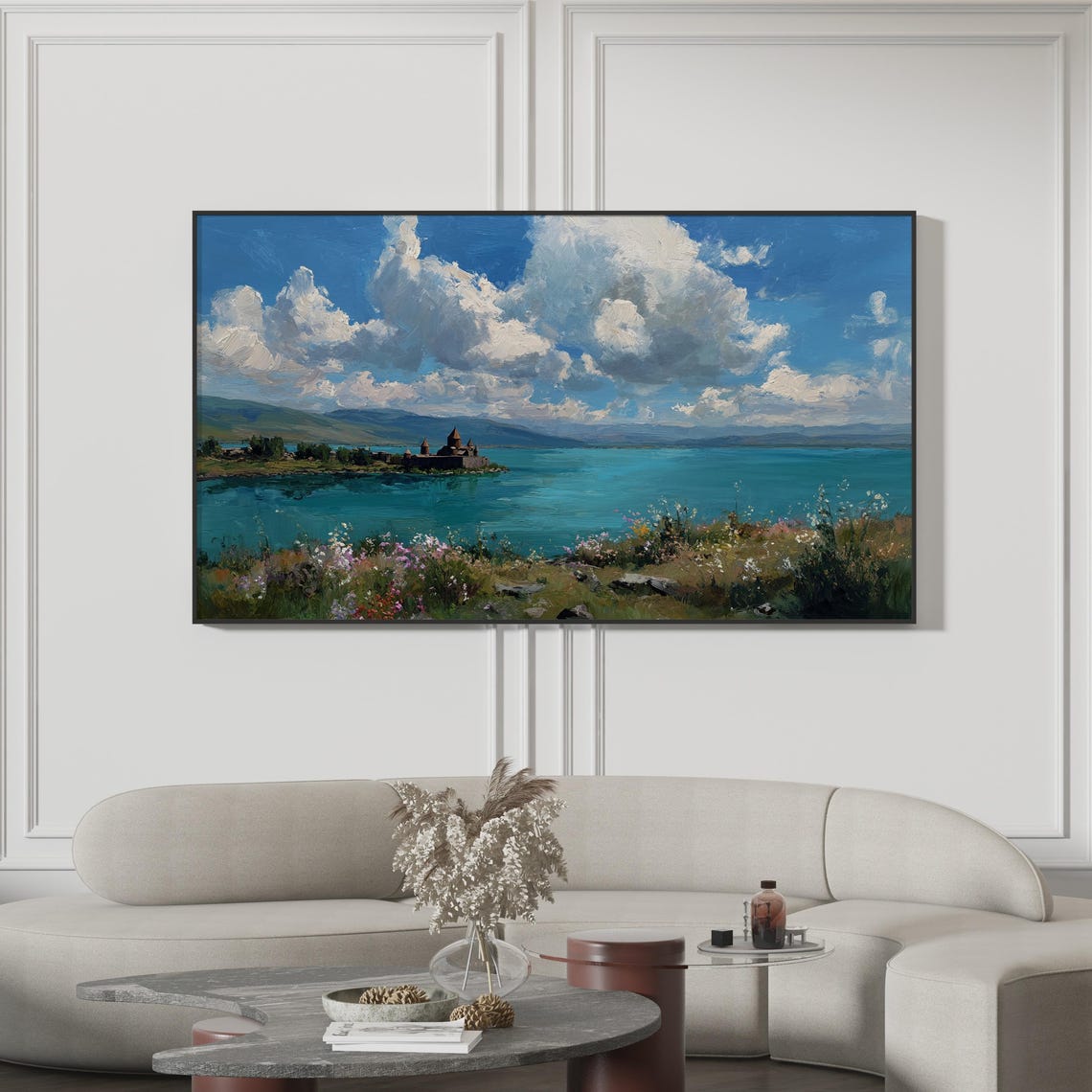 Lake Sevan Turquoise Monastery Painting Dramatic Clouds Poster