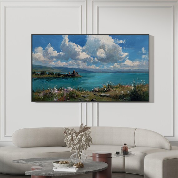 Lake Sevan Turquoise Monastery Painting Dramatic Clouds Poster