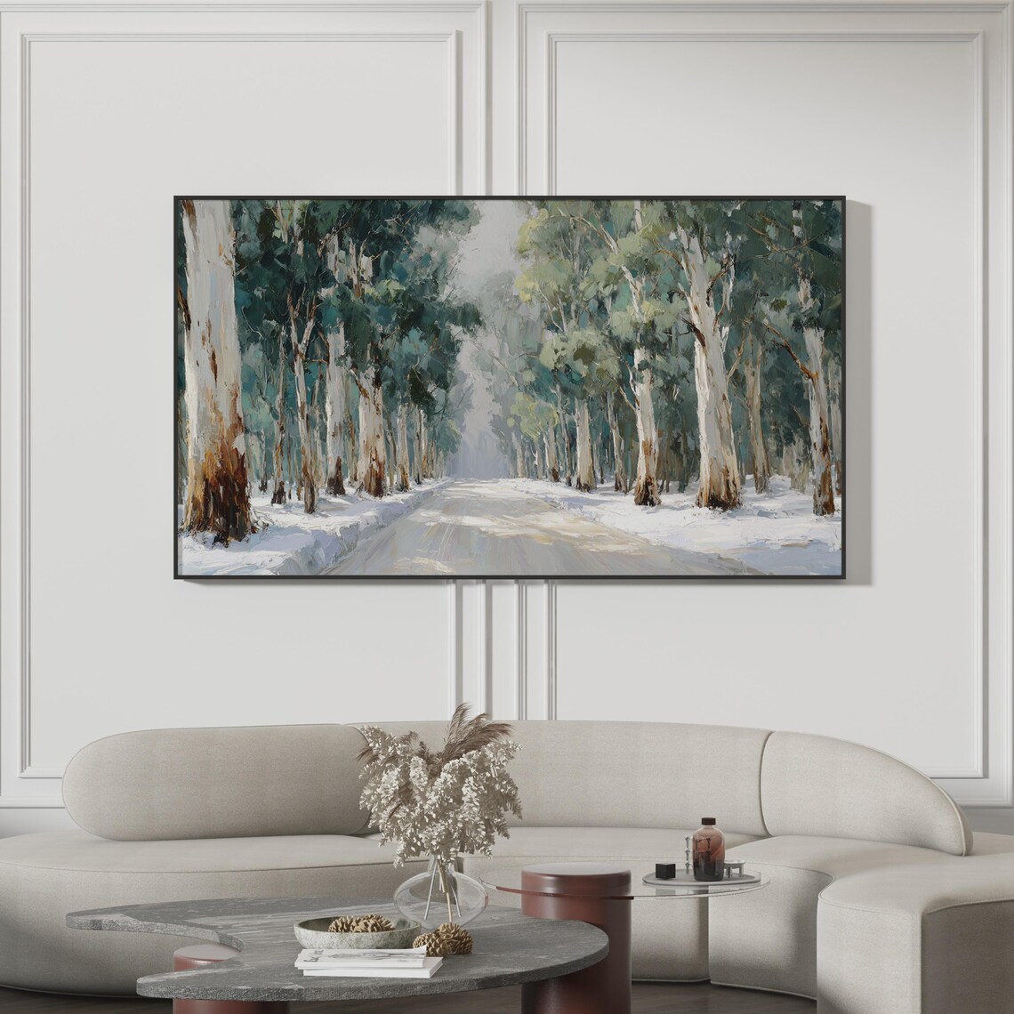 Winter Snowy Forest Path Oil Painting Tall Trees Landscape Art Poster