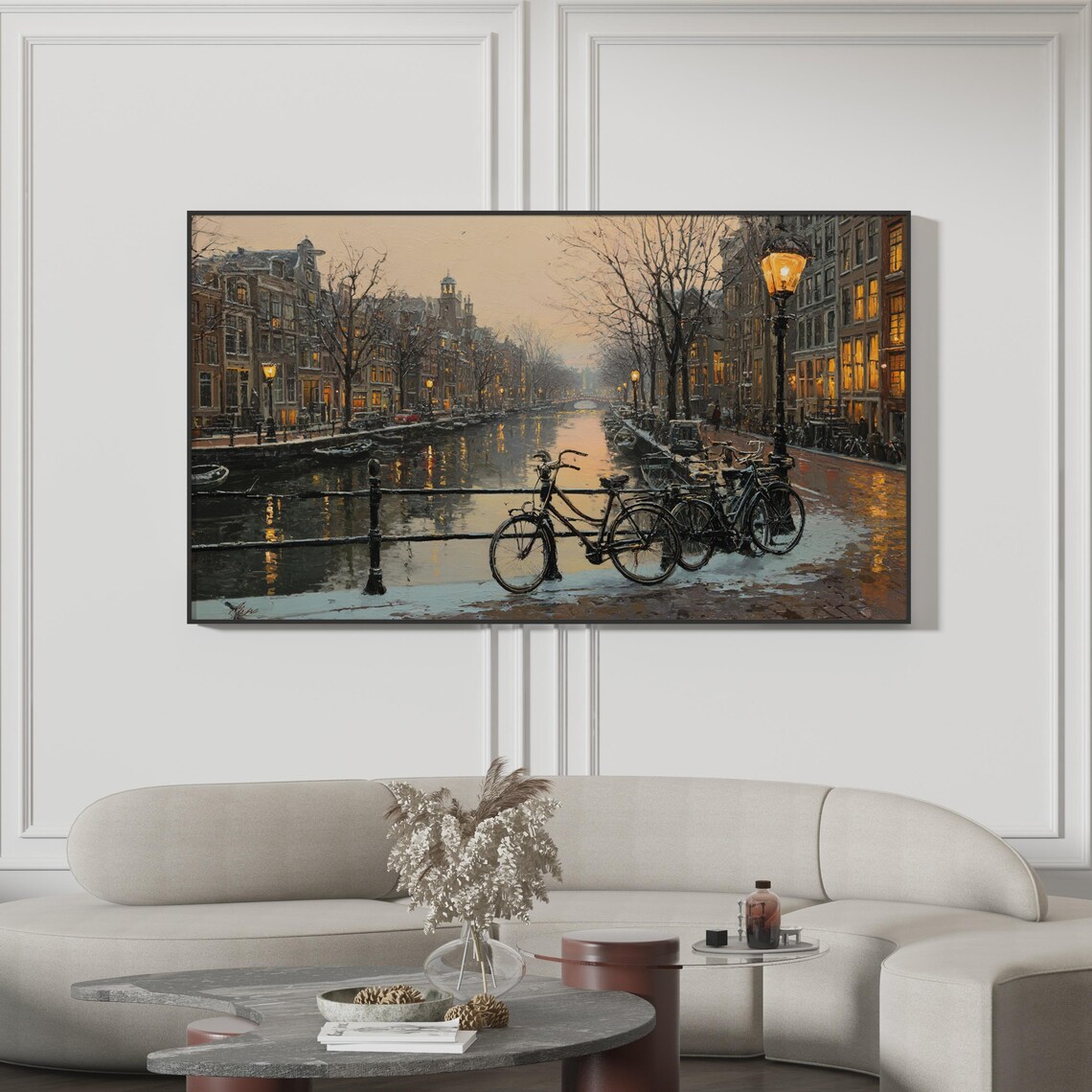 Moody Amsterdam Canal Bicycles Winter Evening Painting Poster