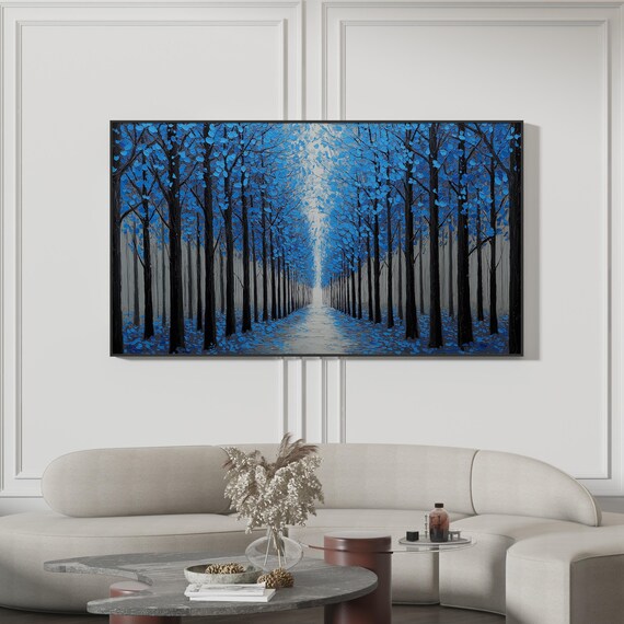 Blue Forest Abstract Oil Painting Dark Trees Blue Leaves Art Poster