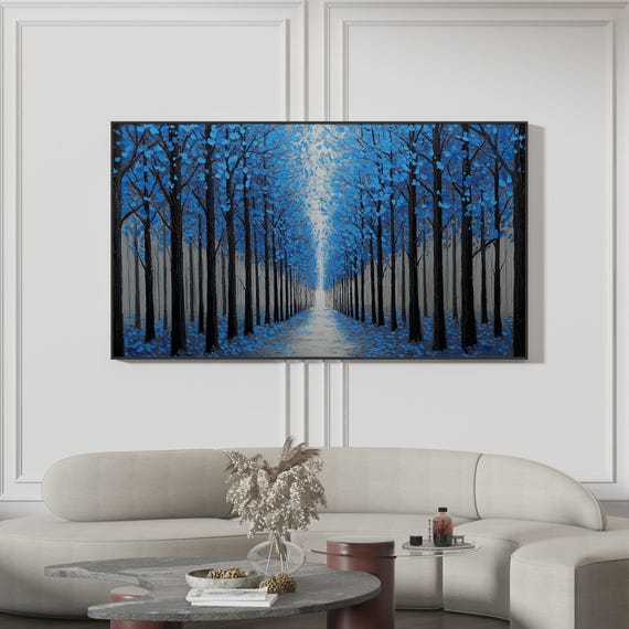 Blue Forest Samsung Frame Tv Art Modern Abstract Trees Contemporary Wall Decor 4k Artwork