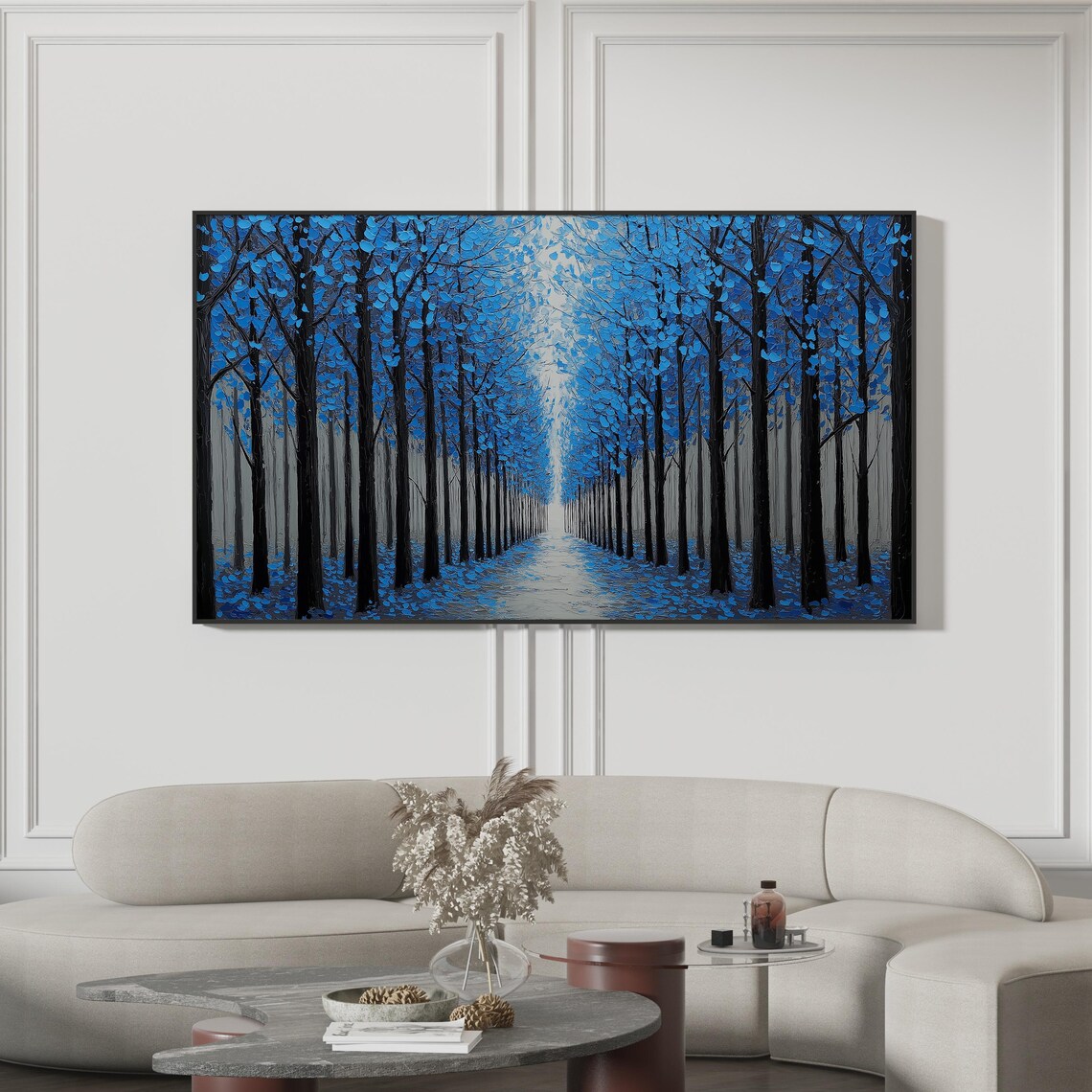 Blue Forest Abstract Oil Painting Dark Trees Blue Leaves Art Poster