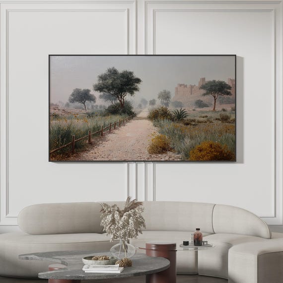 Samsung Frame Tv Art Vintage Desert Landscape Oil Painting Moroccan Kasbah Fortress Sandy Path Acacia Trees Neutral Boho Decor 4k