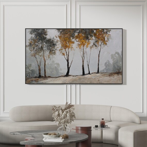 Autumn Forest Oil Painting Neutral Tree Landscape Canvas Modern Textured Wall Art Minimal Nature Decor For Living Room Bedroom