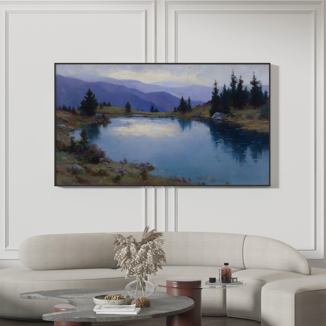 Mountain Lake Reflection Pine Trees Blue Water Painting Print