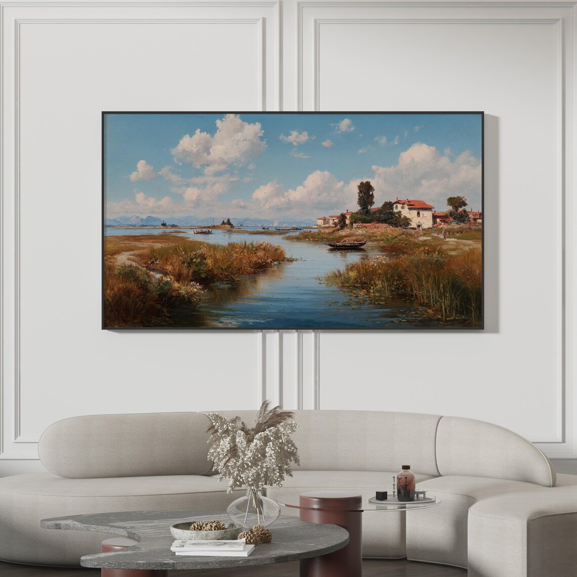 Summer Marsh River Boats Villa Coast Vintage Painting Poster