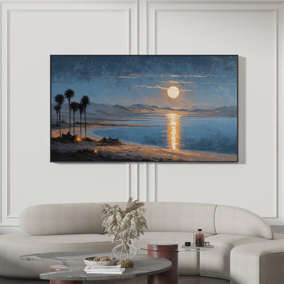 Moonrise Desert Lake Palm Trees Campfire Night Painting Poster