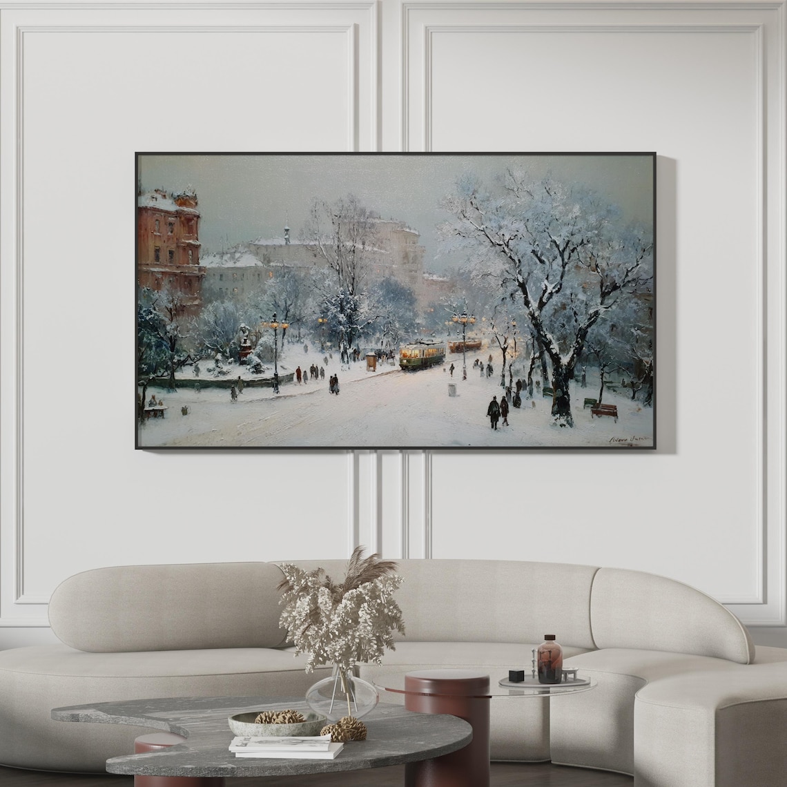 Winter City Snowy Tram European Square Vintage Oil Painting Poster
