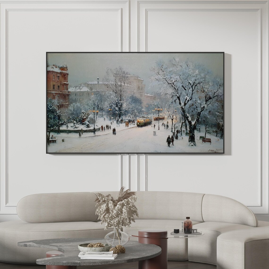 Winter In The City Frame Tv Art Vintage Snowy Tram Painting European Square Landscape Nostalgic Holiday Scene Christmas Cityscape