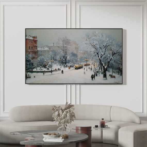 Winter City Snowy Tram European Square Vintage Oil Painting Poster