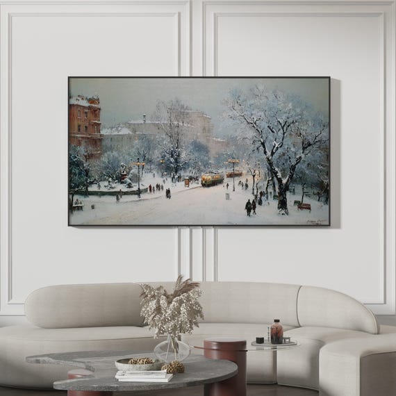 Winter In The City Frame Tv Art Vintage Snowy Tram Painting European Square Landscape Nostalgic Holiday Scene Christmas Cityscape