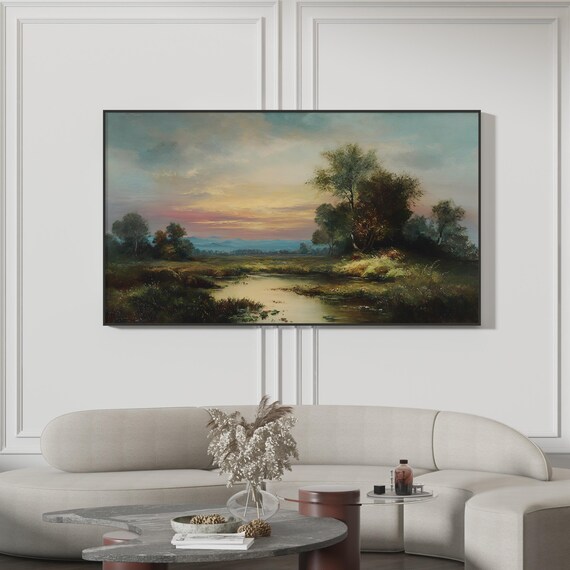 Golden Sunset Forest Pond Reflection Vintage Painting Poster