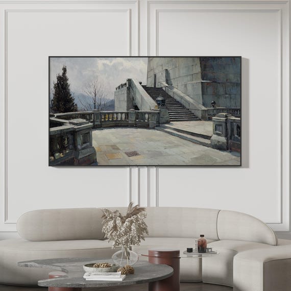 Architectural Frame Tv Art Vintage Monument Landscape Grey Stone Terrace Light Academia Historic Estate 4k