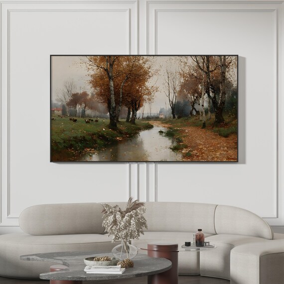 Samsung Frame Tv Art Vintage Autumn Stream Oil Painting Pastoral Cow Landscape Rustic Farmhouse Path Muted Fall Decor 4k