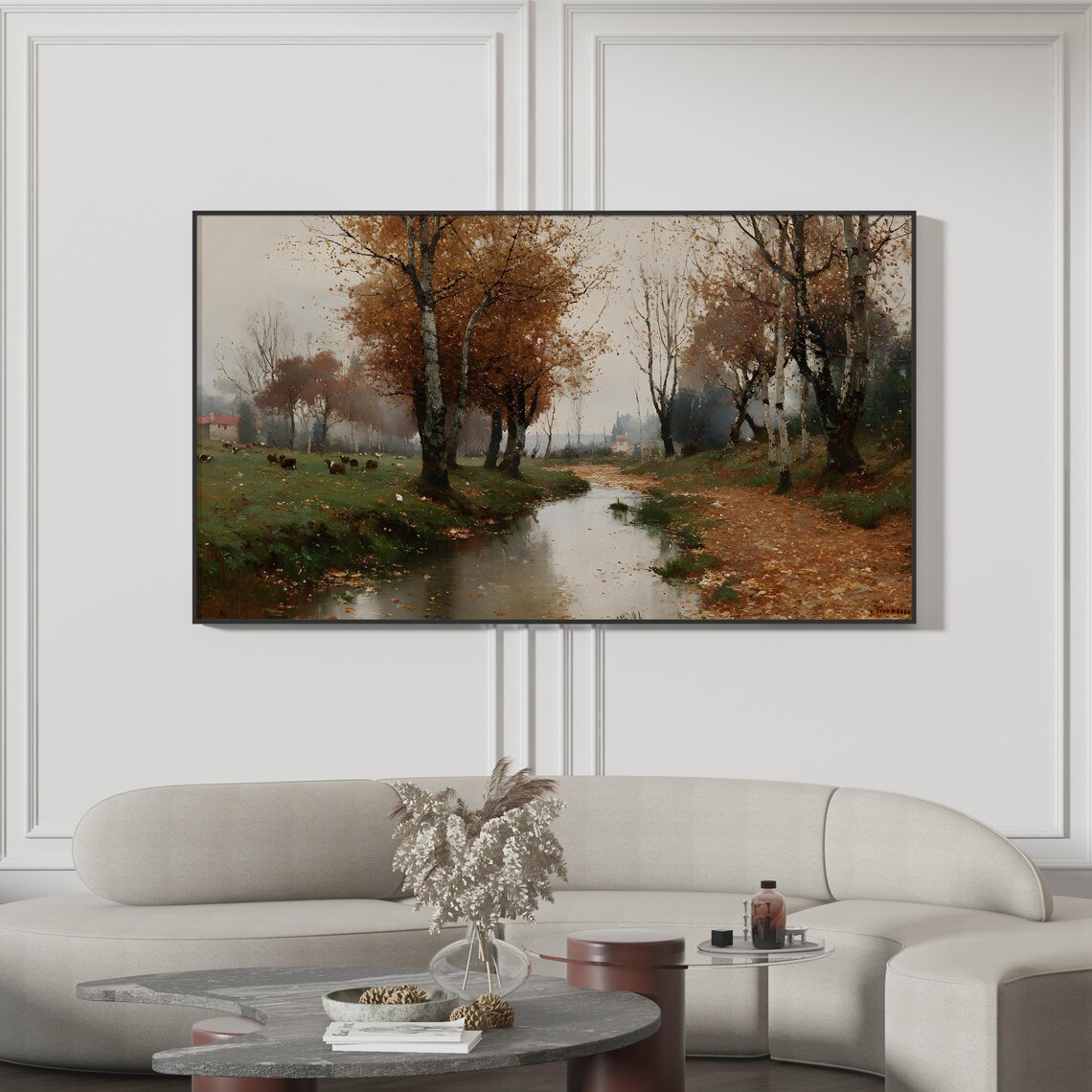 Autumn Pastoral Stream Cows Golden Birch Trees Oil Painting Poster